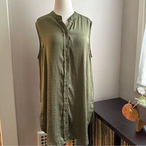 Anthropologie Joie Olive Green Sleeveless Mandarin Collar Button Down Tunic Lg